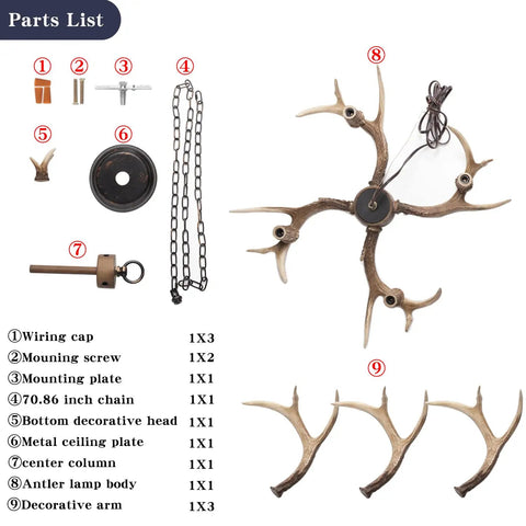 Parts list for Antler Chandelier Light Fixture With Rustic Deer Design For Dining Room Kitchen Island And Foyer Four Light
