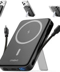 Magnetic Portable Charger With Built In Cable 10000mAh Power Bank Featuring Smart Led Display And Quick Charge on a stand with visible cables.