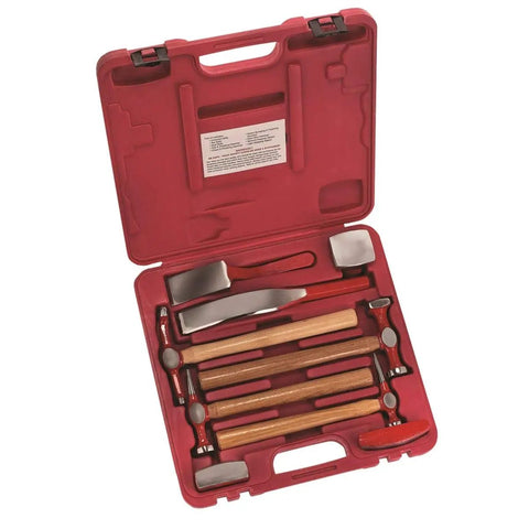 9 Piece Aluminum Body Repair Kit for Auto Dents and Dings with Red Identified Dollies in an open red carrying case