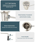 Infographic of Three And One Half Inch Commercial Sink Drain With Twist Handle Waste Valve Stopper features and brass construction.