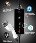 Portable J1772 Electric Vehicle Charger Packs Reliable Level 1 And Level 2 Charging Up To 16 Amps With A 16 Foot Cord showing pure copper core and waterproof design.