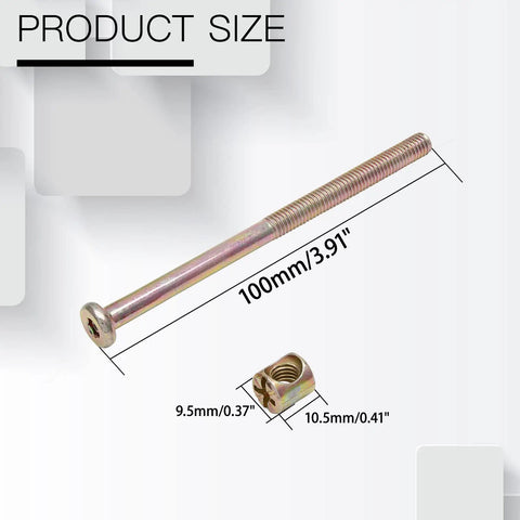 Knockout M6 X 100mm Bunk Bed Bolts With Barrel Nuts Galvanized Carbon Steel Furniture Fasteners For Cribs Tables showing bolt and barrel nut dimensions.