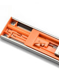 Close-up of stainless steel drawer slide with orange soft close mechanism, part of the Stainless Steel Drawer Slides With Soft Close And Full Extension 10 To 22 Inch Track Rails Three Section Cabinet Hardware For Smooth Quiet Drawer Glide In Cabinets And Furniture, showing detailed components.