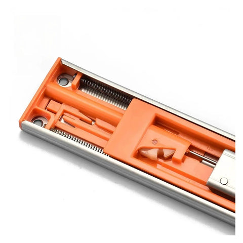 Close-up of stainless steel drawer slide with orange soft close mechanism, part of the Stainless Steel Drawer Slides With Soft Close And Full Extension 10 To 22 Inch Track Rails Three Section Cabinet Hardware For Smooth Quiet Drawer Glide In Cabinets And Furniture, showing detailed components.