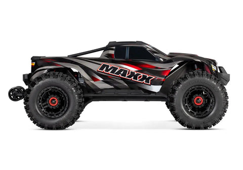 Side view of Widemaxx Red Ready To Rip RC Monster Truck With Clipless Body Mount System Delivers 55 Plus MPH Straight From The Box On A 4S LiPo, Waterproof ESC With Velineon Brushless Power, Traxxas Stability Management, And A Rugged Modular Chassis