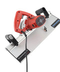 Heavy Duty Electric Tile Bevel Cutter For Snappy 45 Degree Chamfering With A Bombproof 1200 Watt Motor Cranking 13000 RPM To Slice Ceramic Profile Like A Dream Low Dust Setup With Slick Hose Kit US Plug with red handle and water cooling hose.