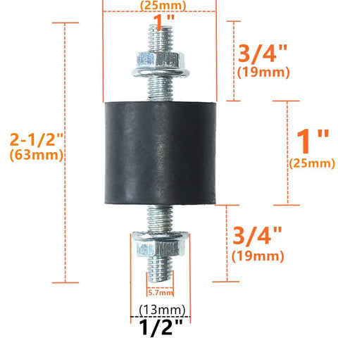 Set Of 4 Beefy Heavy Duty Rubber Vibration Isolator Mounts With M6 X 19mm Studs 25x25mm Base 63mm Total Length Includes 8 Nuts