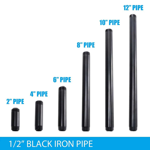 Different sizes of black iron pipes with half inch diameter, from 2 to 12 inches, for DIY projects including shelving and furniture.