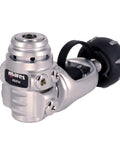 Ultra Portable 62X Scuba Regulator Set With First And Second Stage INT for travel divers, close-up of chrome first stage