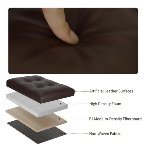Leather Storage Ottoman Foot Rest Stool 17x13x13 Inches With Foldable Design, finger pressing cushioned seat and material layers diagram