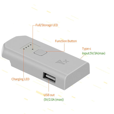 Neo Drone Battery Charger Hub Fast Charge Station with labeled features like USB out, Type-C input, and function button.