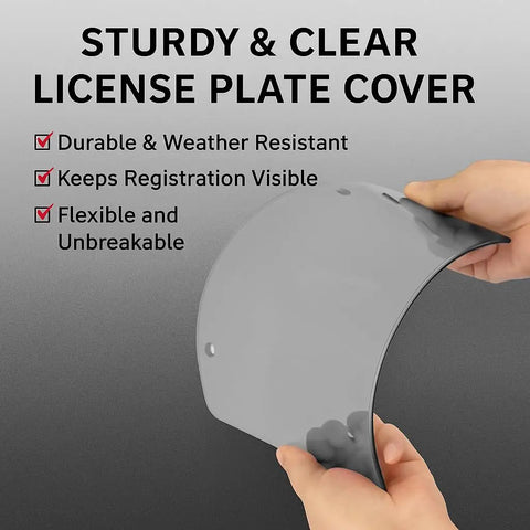 Person bending Frameless Clear License Plate Covers 2 Pack For Standard 12x6 US Plates Scratch Resistant UV Shield Guards Against Scratches And Fading Tough ABS Protection Includes Screws Caps Front And Rear Car Accessories showing flexibility.