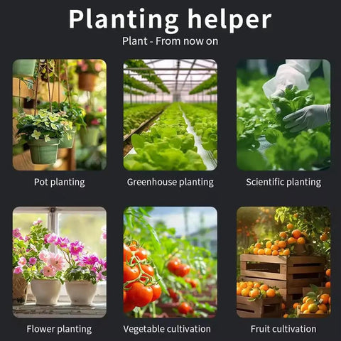 Collage of garden and farming setups showing pot planting, greenhouse, scientific methods, flowers, vegetables, fruit cultivation.