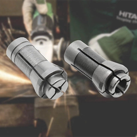 Four Pack Die Grinder Collet Set For One Quarter And One Eighth Inch Bits; two steel collets on blurred industrial background