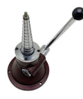 No Sweat Ring Size Adjustment Machine For Jewelry Enlargement And Reduction With Laser Etched Gauges and Heavy Duty Steel Frame, top view, red base, chrome lever.