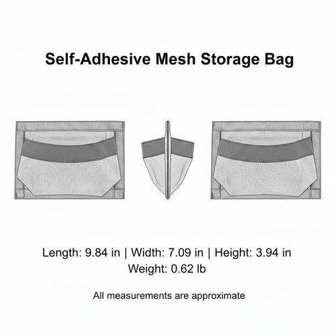 Diagram of Versatile Self Adhesive Mesh Pocket Wall Organizer for RV Boat and Home, front, side, and back view.