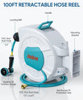 Retractable Garden Hose Reel With Wall Mount 100 Ft Half Inch Hose, 10 Pattern Nozzle, Brass Connector, Auto Rewind, Lock At Any Length