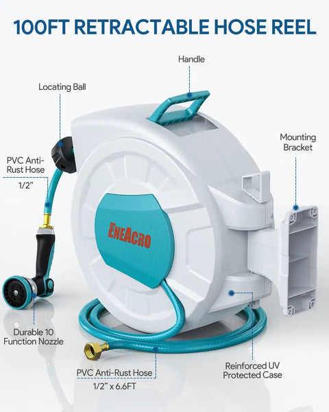 Retractable Garden Hose Reel With Wall Mount 100 Ft Half Inch Hose, 10 Pattern Nozzle, Brass Connector, Auto Rewind, Lock At Any Length