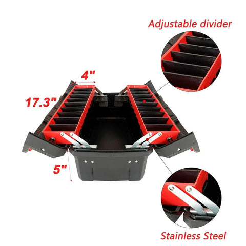 Interior view of 18.5 Inch Tool Box Organizer With Adjustable Compartments, showing dividers and stainless steel hinges.