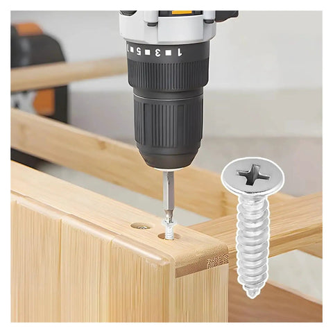Drill inserting 30 To 50 Pack Self Tapping Screws Set ST3.5 To ST4.2, Flat Head Phillips Drive into wood for flush finish