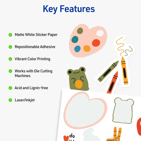 Avery printable sticker paper, 8.5 x 11, matte white with repositionable adhesive; laser/inkjet compatible sticker sheets.