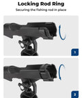 Beefy Kayak Rod Holder With 360 Degree Adjustable Lock, T Shaped Screw Or Track Mount On Rail, Works For Kayaks Canoes And Fishing Boats, Heavy Duty ABS Fishing Pole Holder For Anglers showing locking rod ring