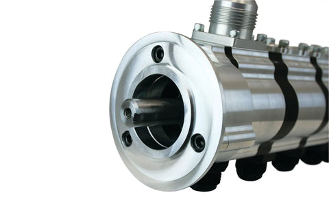 Five Stage Tri Lobe Dry Sump Oil Pump With V Band Mount And Reverse Rotation Built For Alston Drives showing aluminum construction and detailed design.