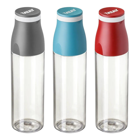 Three 650ml leakproof grey water bottles with direct sip lid and elastic carry strap for easy hydration on the go.