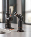Mediterranean Bronze Single Handle Kitchen Faucet With Side Sprayer on countertop, one hand operation, easy install for 1 or 3 hole sinks