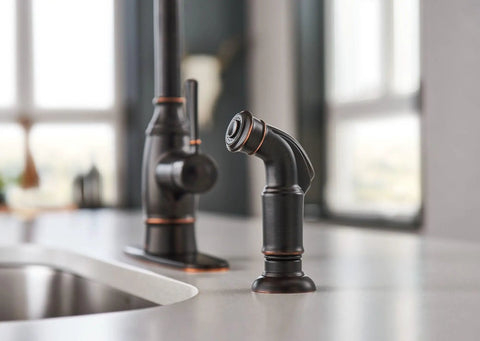 Mediterranean Bronze Single Handle Kitchen Faucet With Side Sprayer on countertop, one hand operation, easy install for 1 or 3 hole sinks