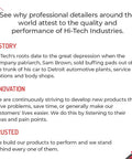 Text highlighting the history, innovation, and trust of Hi-Tech Industries, emphasizing product quality and performance.