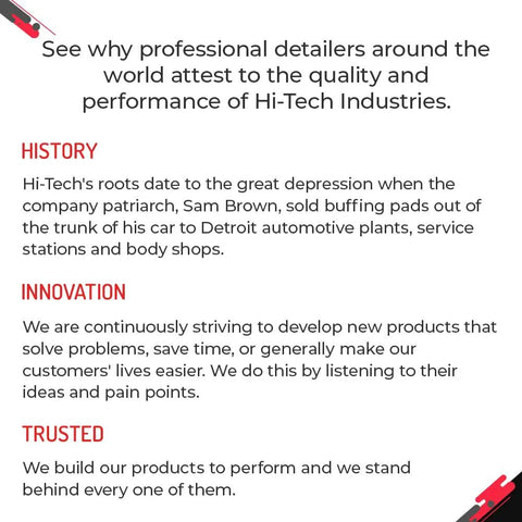 Text highlighting the history, innovation, and trust of Hi-Tech Industries, emphasizing product quality and performance.