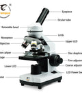 Achromatic Compound Minocular Microscope 40X To 2000X With Dual LED Illumination Includes labeled components and features