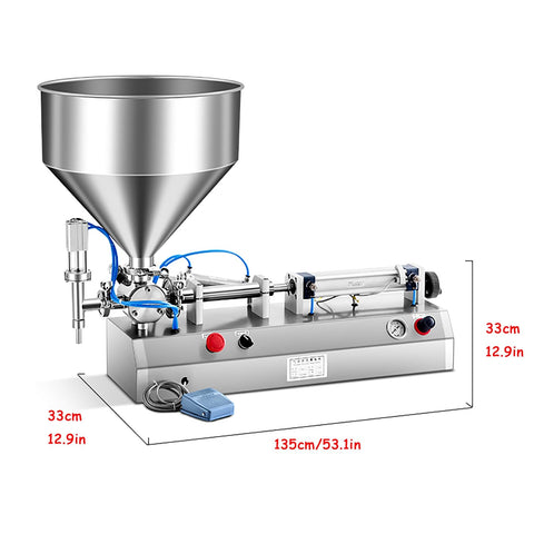 Zero Fuss Heavy Duty Pneumatic Paste And Liquid Filling Machine With 40 Liter Hopper Zero Drip Valve and controls for shampoo cosmetics and honey.