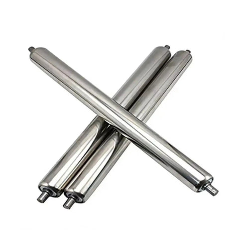 Heavy Duty Galvanized And 201 Stainless Steel Conveyor Roller For Shop Or Warehouse, 3 rollers crossed, shiny metal finish.