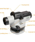 32x Automatic Optical Level With Self Leveling Magnetic Dampened Compensator And Transport Lock For Pro Grade Height Distance And Angle Measurement, 393 Feet Range At One Sixteenth Inch Accuracy At One Hundred Feet, Durable Hard Case Included showing labeled components.