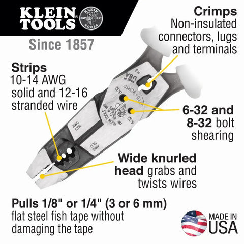 9 Inch Journeyman High Leverage Side Cutting Pliers with Crimper Fish Tape Puller and Wire Stripper Pro Grade Electrician Tool