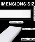 Dimensions and size of Ultra Durable UHMWPE Tapping Block for Engineering and DIY Projects, 3/4 inch thick by 12 inch long by 3 inch wide.
