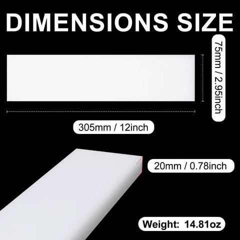 Dimensions and size of Ultra Durable UHMWPE Tapping Block for Engineering and DIY Projects, 3/4 inch thick by 12 inch long by 3 inch wide.
