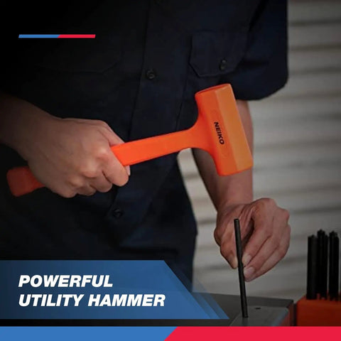 Person using 4 lb neon orange dead blow hammer with unibody molded construction, beefed up checkered grip, built for auto body work.
