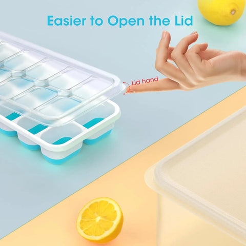 Four Pack Silicone Ice Cube Trays With Lid And Storage Bin Includes Scoop For Effortless Freezer Organization and Easy Lid Access.