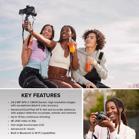 Group using R50 APSC Mirrorless Camera Kit With 18 To 45mm Lens, 4K Video, Dual Pixel AF II; smiling woman holding camera.