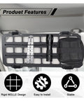 Rigid MOLLE Panel for Vehicle Sun Visor Organizer with tools, flashlight, and pouch mounted inside a car.
