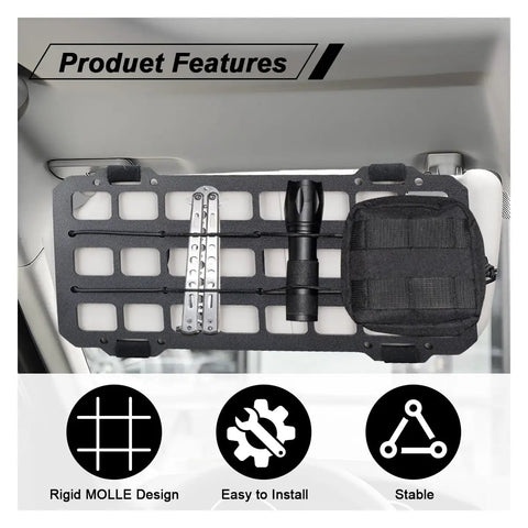 Rigid MOLLE Panel for Vehicle Sun Visor Organizer with tools, flashlight, and pouch mounted inside a car.