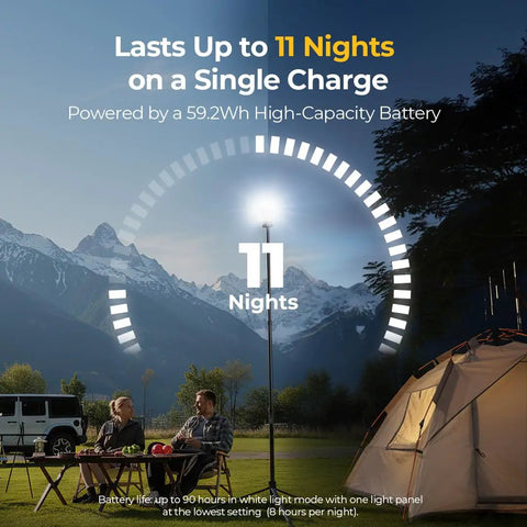 Telescoping Camping Light With 3200 Lumens LED Lantern lighting up campsite at night, 11-night battery life illustration