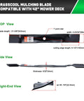 Diagram of Grasscool mulching blade for 42" mower deck, showing top, side, and right-end views with measurements.
