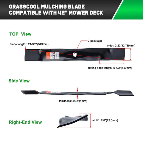 Diagram of Grasscool mulching blade for 42" mower deck, showing top, side, and right-end views with measurements.