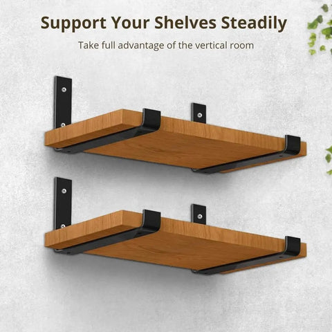 Heavy Duty L Shaped Shelf Brackets 4 Pack Black Wall Mount Corner Supports Industrial Storage Braces mounted with wooden shelves.