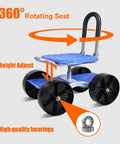 Rolling Garden Seat With Flat Wheels, Premium Adjustable Height Work Stool, 360 Degree Swivel, Blue with high-quality bearings