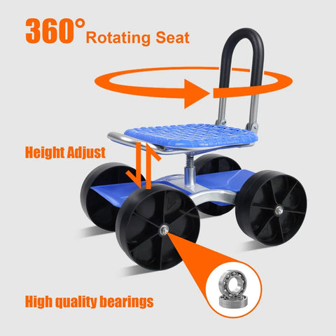 Rolling Garden Seat With Flat Wheels, Premium Adjustable Height Work Stool, 360 Degree Swivel, Blue with high-quality bearings